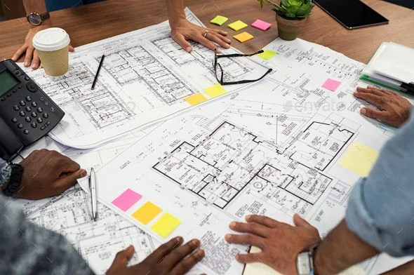 A group of chartered building surveyors surround building plans, with coffee cups and pens
