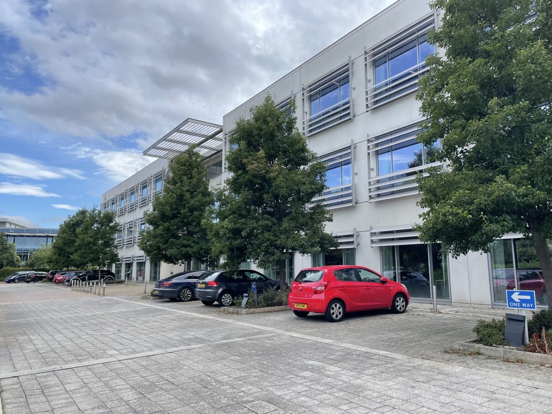 View of front elevation of a commercial office building.